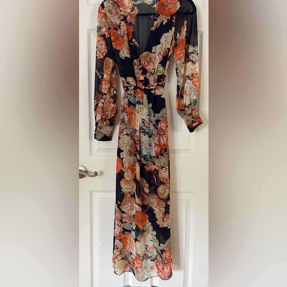Floral Long Sleeve Maxi Dress - Blue & Orange - Picture 4 of 5